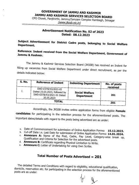 JKSSB Social Welfare Department Recruitment - Jammu Jobs